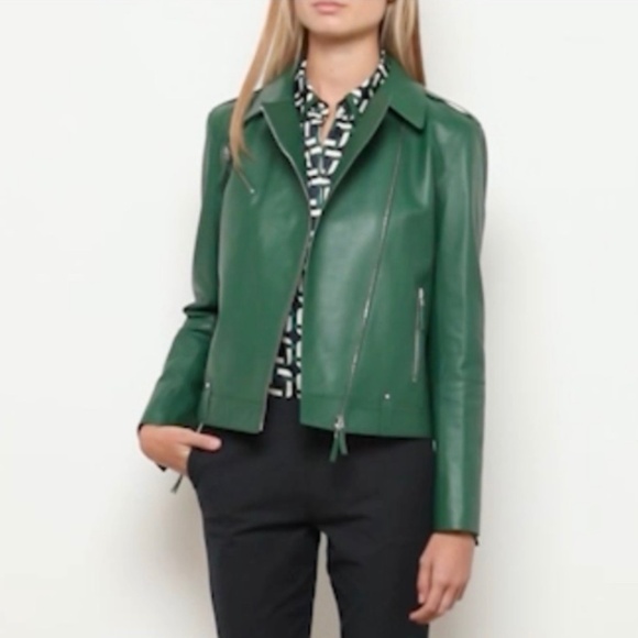 $1795 Lafayette 148 Elm Green Leather Moto Bernice Jacket Size Medium NWT - Picture 2 of 9